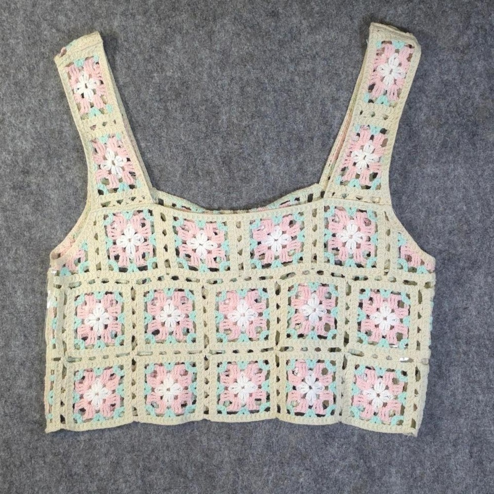 FCT WITH LOVE Crochet floral Square Crop Top Pastel Boho Festival Tank Large‎